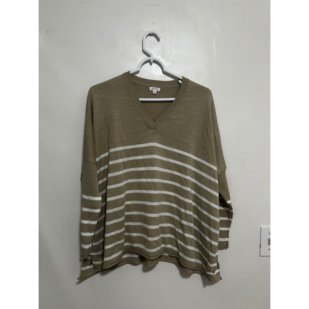Mersea Women Khaki Tan White Striped V-Neck Knit Sweater Size P Oversized Slit